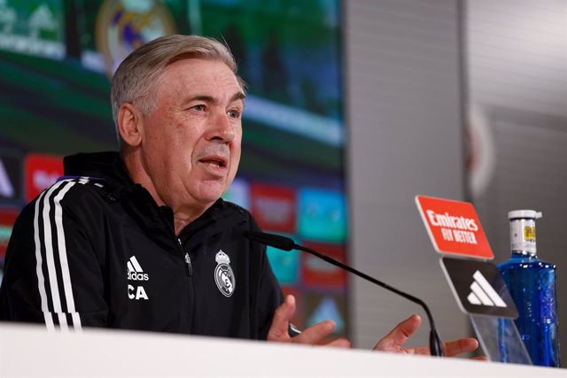 Carlo Ancelotti attends during his press conference after the training session of Real Madrid before the classic match against FC Barcelona at Ciudad del Futbol Real Madrid on March 18, 2023, in Las Valdebebas, Madrid, Spain.