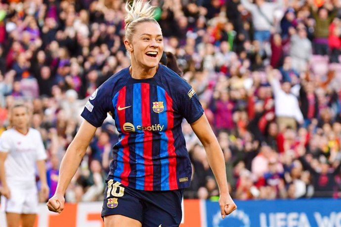 Fridolina Rolfo (Barcelona) celebrates during the UEFA Women's Champions League, Quarter-finals, 2nd leg football match between FC Barcelona and AS Roma on March 29, 2023 at the Camp Nou stadium in Barcelona, Spain - Photo Andrea Amato / LiveMedia / DPPI