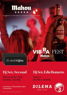 Cartel de las sesiones  DJ de Second y Edu Romero, antesala del 'Vibra Mahou Fest' en Gijón.