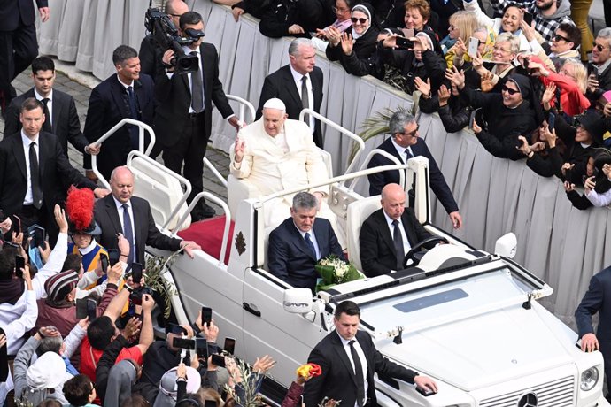 April 2, 2023, VATICAN CITY: Pope Francis celebrates the Holy Mass of Palm Sunday in Saint Peter's Basilica, Vatican City, 02 April 2023. Palm Sunday is a Christian feast that falls on the Sunday before Easter. The feast commemorates Jesus' entry into J