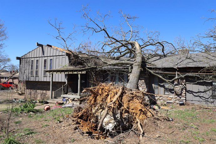 LITTLE ROCK, April 2, 2023  -- This photo taken on April 1, 2023 shows properties damaged by a strong tornado in Little Rock, Arkansas, the United States. At least 21 people have been killed and more than 130 others injured after strong tornadoes and de