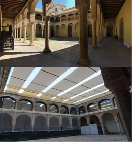 El Patio Mudéjar del Palacio de Congresos de Córdoba, antes (arriba) y después (abajo) de la intervención.