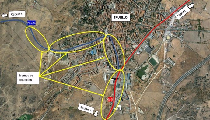 Plano de actuación del Mitma en la N-5 y N-521 en Trujillo