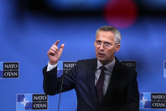 Archivo - February 15, 2023, Brussels, Brussels Capital Region, Belgium: NATO Secretary General Jens Stoltenberg speaks at a press conference following a meeting of NATO Defence ministers at the NATO headquarters in Brussels, Belgium, February 15, 2023.