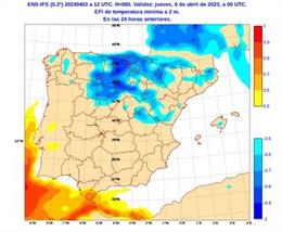 Mapa elaborado por la Aemet sobre la previsión de temperaturas mínimas previstas en CyL en la jornada del miércoles