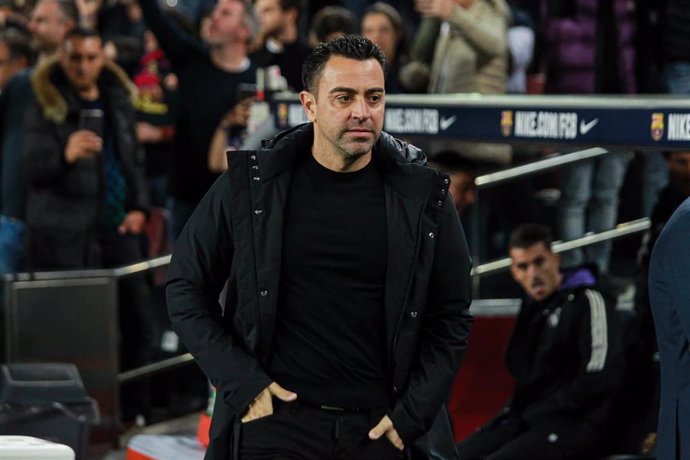 Xavi Hernandez, head coach of FC Barcelona, looks on during the spanish league, La Liga Santander, football match played between FC Barcelona and Real Madrid at Camp Nou stadium on March 19, 2023, in Barcelona, Spain.