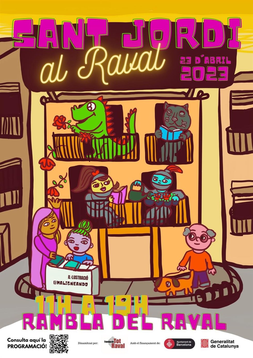 Cartel de la celebración de la Diada de Sant Jordi en la Rambla del Raval de Barcelona.