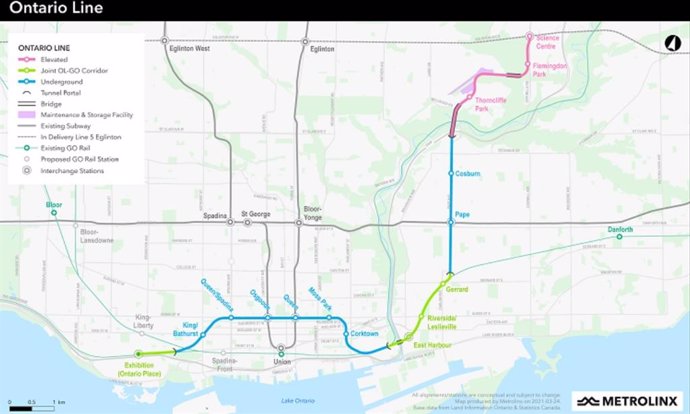 Mapa de la nueva línea de metro Ontario, en Toronto