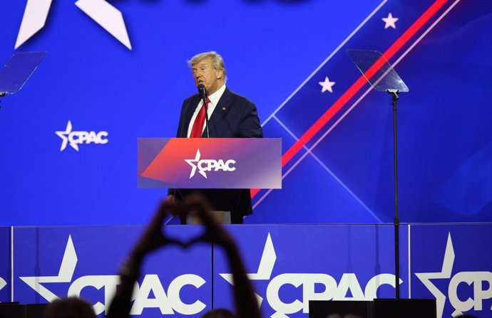 Archivo - 04 March 2023, US, Maryland: Former US President Donald Trump speaks at the Conservative Political Action Conference (CPAC) under the logo "Protecting America Now" at Gaylord National Resort & Convention Center, National Harbor. Photo: Niyi Fo