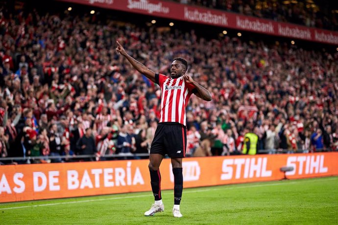 Inaki Williams of Athletic Club reacts after scoring goal during the Copa del Rey match between Athletic Club and CA Osasuna at San Mames  on April 4, 2023, in Bilbao, Spain.
