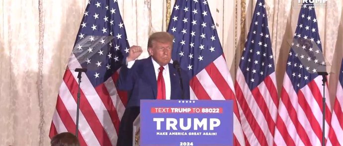 L'expresident d'EUA, Donald Trump, durant el seu discurs després de declarar-se innocent de 34 crrecs en el marc del presumpte suborn a l'actriu de cinema porno Stormy Daniels