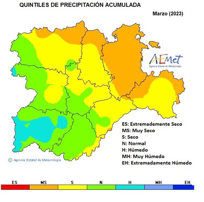 Mapa elaborado por la Aemet sobre el balance del mes de marzo en CyL