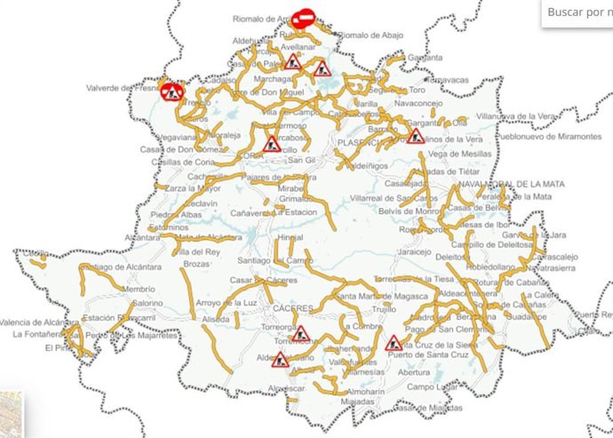 Mapa de carreteras provinciales que se pueden consultar en el nuevo visor de la Diputación de Cáceres