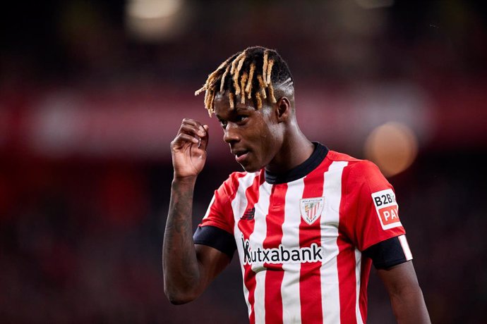 Nico Williams of Athletic Club looks on during the Copa del Rey match between Athletic Club and CA Osasuna at San Mames  on April 4, 2023, in Bilbao, Spain.