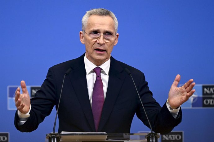 05 April 2023, Belgium, Brussels: NATO Secretary General Jens Stoltenberg speaks during a press conference at the NATO headquarters after the NATO Ministers of Foreign Affairs meeting. Photo: Emmi Korhonen/Lehtikuva/dpa