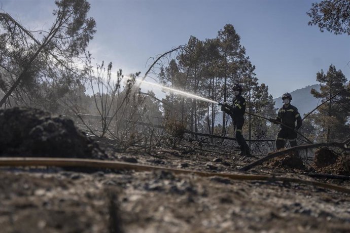Efectivos de las brigadas forestales echan agua con una manguera durante los trabajos del incendio de Villanueva de Viver.