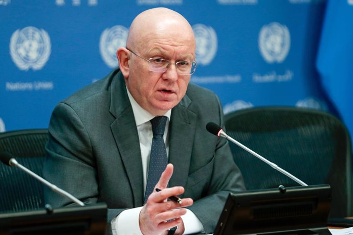 April 3, 2023, New York City, NY, United States of America: Russian Ambassador to the United Nations Vassily Nebenzia, president of the Security Council for the month of April, speaks at a press conference on April 3, 2023 at the United Nations in New Y