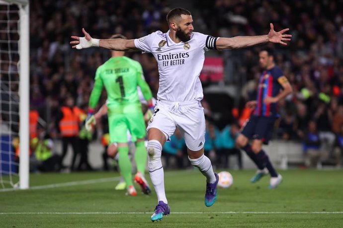 Karim Benzema of Real Madrid celebrates a goal during the Spanish Cup, Copa del Rey, Semi Finals football match played between FC Barcelona and Real Madrid at Spotify Camp Nou stadium on April 05, 2023, in Barcelona, Spain.