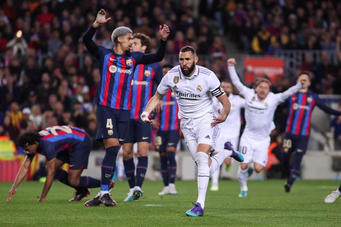 Karim Benzema of Real Madrid celebrates a goal during the Spanish Cup, Copa del Rey, Semi Finals football match played between FC Barcelona and Real Madrid at Spotify Camp Nou stadium on April 05, 2023, in Barcelona, Spain.