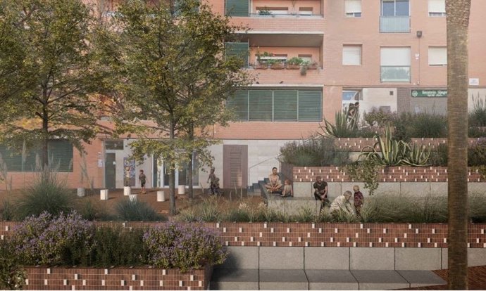 Recreación de la reurbanización de la plaza del Verdum, en el distrito de Nou Barris.