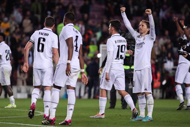 Luka Modric of Real Madrid celebrates the victory after the Spanish Cup, Copa del Rey, Semi Finals football match played between FC Barcelona and Real Madrid at Spotify Camp Nou stadium on April 05, 2023, in Barcelona, Spain.