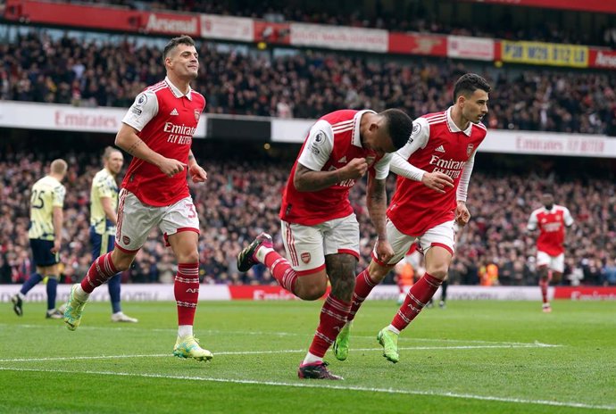 01 April 2023, United Kingdom, London: Arsenal's Gabriel Jesus celebrates scoring his side's third goal during the English Premier League soccer match between Arsenal and Leeds United at the Emirates Stadium. Photo: Adam Davy/PA Wire/dpa