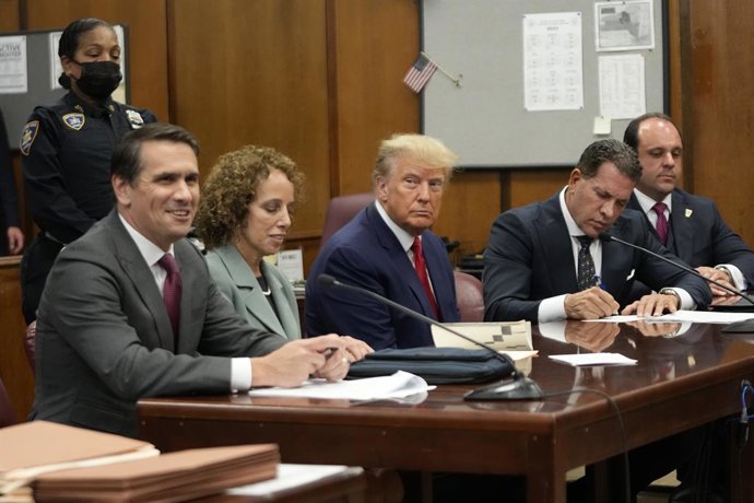 April 4, 2023, New York, New York, USA: Former President Donald Trump appears in court for his arraignment, Tuesday, April 4, 2023, in New York