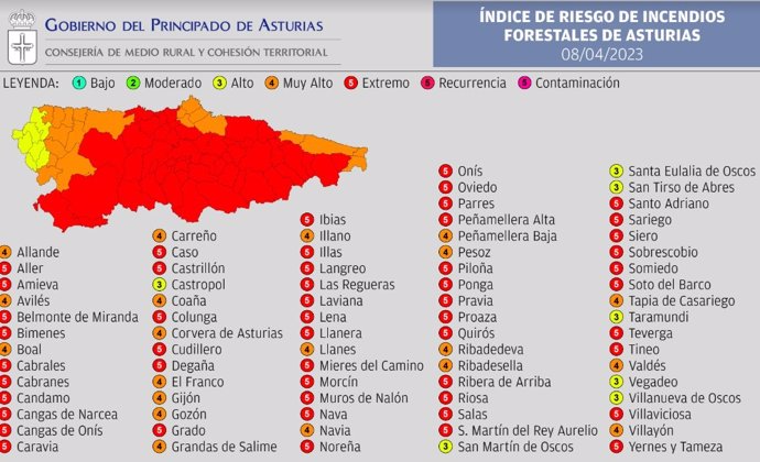 Índice De Riesgo De Incendio Forestal En Asturias Para El Sábado 8 De Abril De 2023