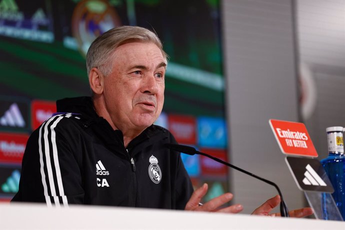 Carlo Ancelotti attends during his press conference after the training session of Real Madrid before the classic match against FC Barcelona at Ciudad del Futbol Real Madrid on March 18, 2023, in Las Valdebebas, Madrid, Spain.