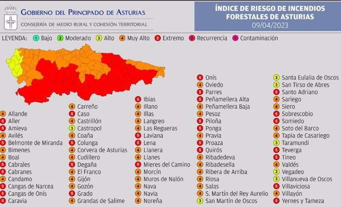 Índice De Riesgo De Incendio Forestal En Asturias Para Este Domingo, 9 De Abril De 2023.