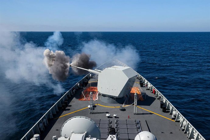 QINGDAO, March 31, 2023  -- The missile destroyer Huainan bombards the sea during an actual combat training of the 42nd fleet of the Chinese People's Liberation Army Navy, on Feb. 6, 2023. A Chinese naval fleet returned to east China's port city of Qing