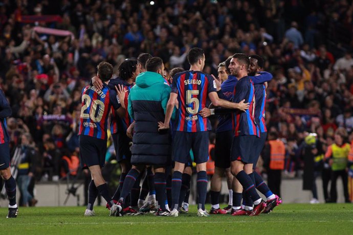 Players of FC Barcelona celebrate the victory after the spanish league, La Liga Santander, football match played between FC Barcelona and Real Madrid at Camp Nou stadium on March 19, 2023, in Barcelona, Spain.