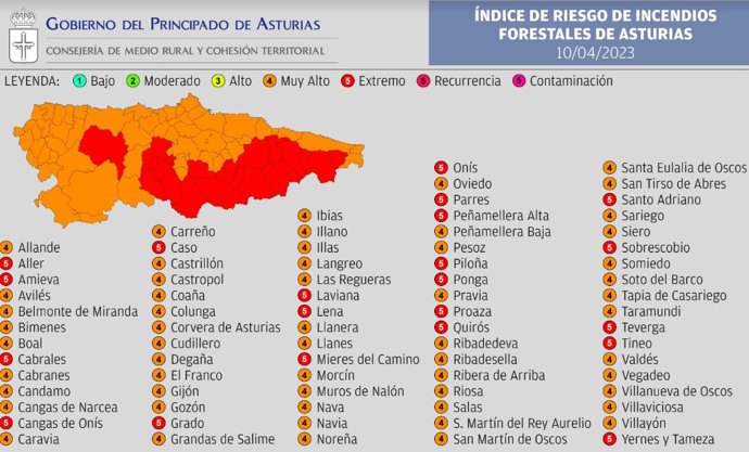Índice De Riesgo De Incendios Forestales En Asturias Para Este Lunes, 10 De Abril De 2023.