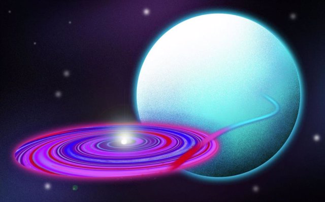 MIT astronomers mapped the "disco winds" associated with the accretion disk around Hercules X-1, a system in which a neutron star extracts material from a Sun-like star, represented as the teal sphere.