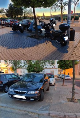 Motocicletas y automóviles aparcados sobre la acera y en pasos de cebra en el Campo de la Verdad.