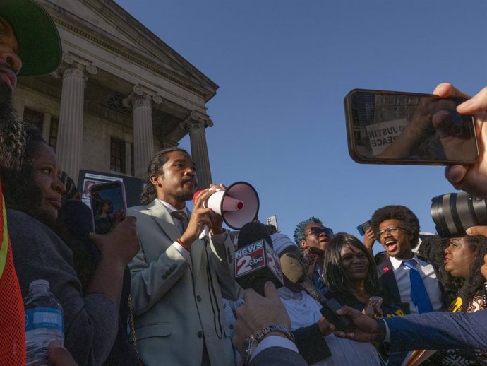 April 10, 2023, Nashville, Tennessee, USA: Justin Jones speaks after vote by Nashville Metropolitan Council to reinstate him to state legislature following his removal the previous week for leading a protest against gun violence. Ousted legislature Just