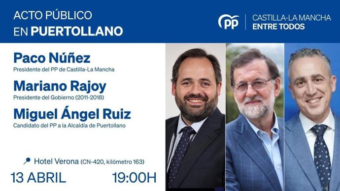 El expresidente del Gobierno Mariano Rajoy, acompañará al presidente del PP de Castilla-La Mancha, Paco Núñez, en Puertollano