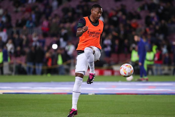 David Alaba of Real Madrid warms up during the Spanish Cup, Copa del Rey, Semi Finals football match played between FC Barcelona and Real Madrid at Spotify Camp Nou stadium on April 05, 2023, in Barcelona, Spain.