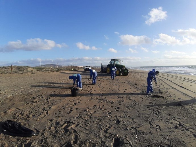 Dispositivo especial del Ayuntamiento de La Línea de la Concepción (Cádiz) tras la llegada de vertidos de fuel en sus playas