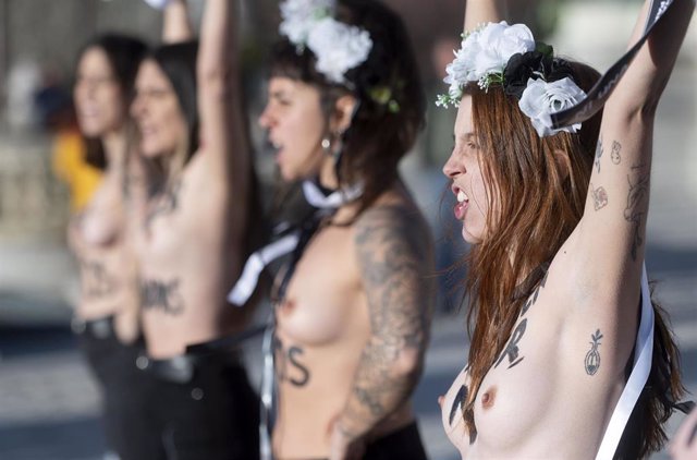 Agentes de policía detienen a activistas de Femen tras una protesta contra los ocho años que se cumplen de la aprobación de la ley mordaza, frente al Senado, a 30 de marzo 