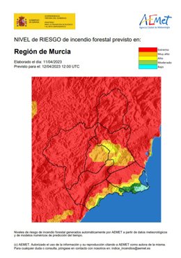 Mapa con el nivel de avisos de incendios forestales