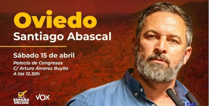 Cartel de acto político de Santiago Abascal en Oviedo el 15 de abril de 2023.