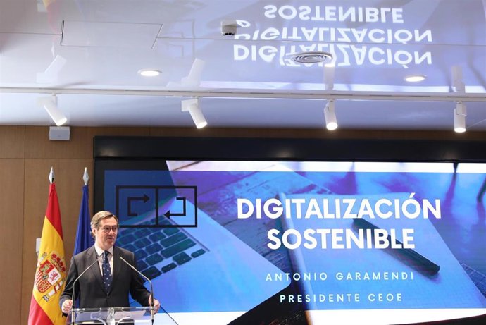 El presidente de la CEOE, Antonio Garamendi, durante la presentación de los resultados de la campaña Digitalización Sostenible en la sede de la CEOE