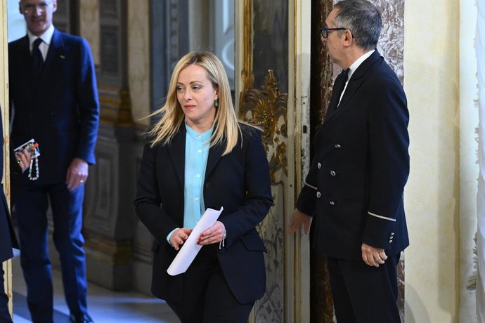 April 5, 2023, Rome, Italy: The meeting with the Prime Minister of Spain Pedro Sanchez and Prime Minister of Italy Giorgia Meloni, Aprile 5 2023, Palazzo Chigi, Rome, Italy.