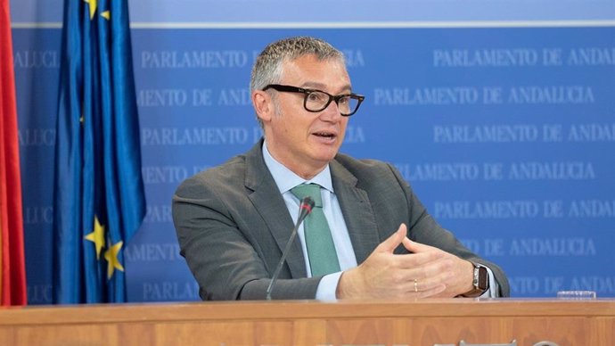 El portavoz parlamentario de Vox, Manuel Gavira, en rueda de prensa en la sala de prensa del Parlamento