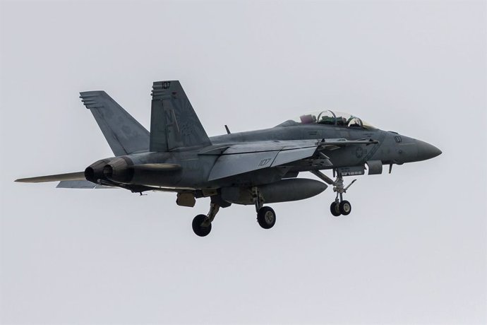 Archivo - January 29, 2020, Yamato, Japan: A McDonnell Douglas F/A-18F Super Hornet of Strike Fighter Squadron 102 (Diamondbacks), part of the Carrier Air Wing Five, landed at Naval Air Facility, Atsugi, near Yamato, Kanagawa.