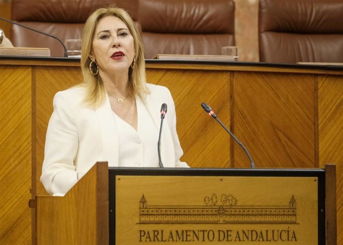 La consejera de Economía, Hacienda y Fondos Europeos, Carolina España, en el Pleno del Parlamento andaluz.