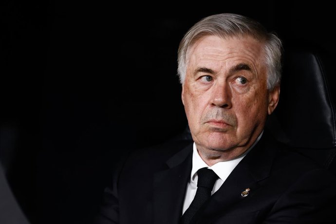 Carlo Ancelotti, head coach of Real Madrid, looks on during the UEFA Champions League, Quarter Finals round 1, football match between Real Madrid and Chelsea FC at Santiago Bernabeu stadium on April 12, 2023, in Madrid, Spain.