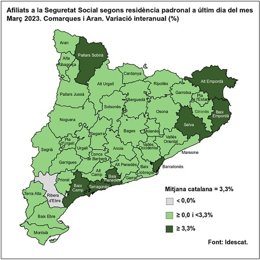 Mapa de los afiliados a la Seguridad Social según residencia padronal a último día de marzo de 2023