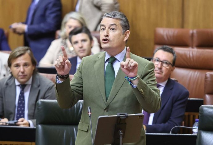 El consejero de la Presidencia, Antonio Sanz, este jueves en el Pleno del Parlamento de Andalucía.